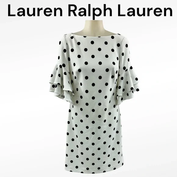 LAUREN RALPH LAUREN Dress Sz 0 Sheath White Black Polka Dot Ruffle Puffy… - Picture 1 of 13